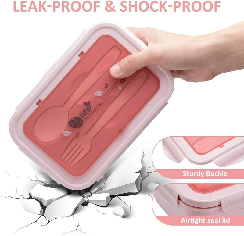 YumLock Bento Box, 3 Compartments 1400ml Lunch Box For Kids and Adults with Reusable Spoon and Fork, Leakproof Food Container for On the Go Meal, Microwave Safe (Pink) - Image 4