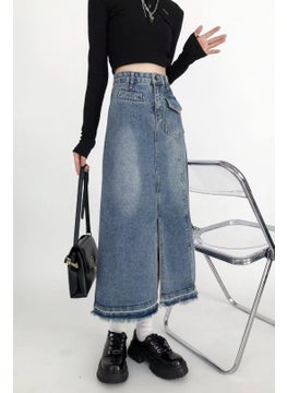 Mid-Length A-Line Denim Skirt Womens Spring Summer Side Slit Design Unique Long Skirt Comfortable Casual Street Style Polyester Fabric Blue