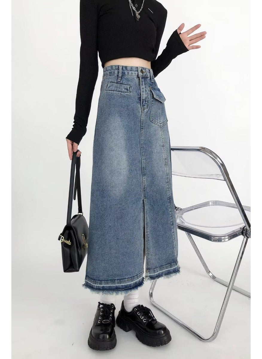 Generic - Mid-Length A-Line Denim Skirt Womens Spring Summer Side Slit Design Unique Long Skirt Comfortable Casual Street Style Polyester Fabric Blue - Image 1