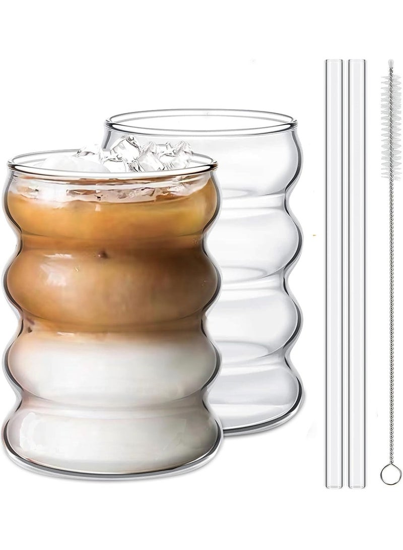 DAMCONME 2 Pcs Creative Glass Cups, Cute Ripple Shaped  Drinking Glasses ,Ribbed Glassware Aesthetic Cups - Image 1