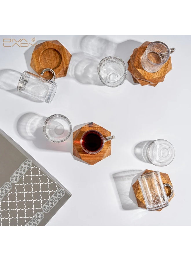 Diva Lady Luxury Set – 6 Tea Glasses + 6 Coffee Cups + 6 Wooden Saucers – Elegant Silver-Etched Glass with Modern Arabic Charm - Image 2
