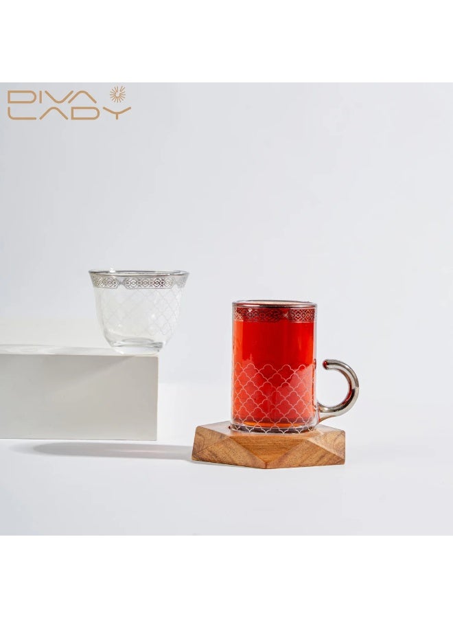 Diva Lady Luxury Set – 6 Tea Glasses + 6 Coffee Cups + 6 Wooden Saucers – Elegant Silver-Etched Glass with Modern Arabic Charm - Image 3