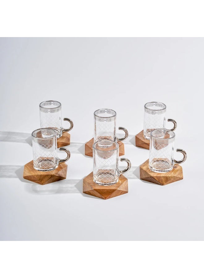 Diva Lady Luxury Set – 6 Tea Glasses + 6 Coffee Cups + 6 Wooden Saucers – Elegant Silver-Etched Glass with Modern Arabic Charm - Image 1