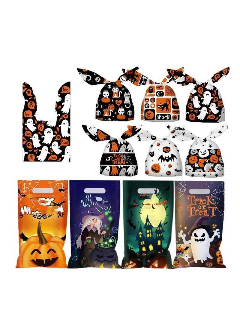 CityRiya-Long Halloween Bag for Candy Cookie, 100PCS Cute Rabbit Ear Gift Wrap Bags & 100PCS Goody Handbags for Halloween Party Supply, Kids Trick or Treat Candy Cookie Bags, Ghost Pumpkin Pattern Plastic Snack Bags - Image 1