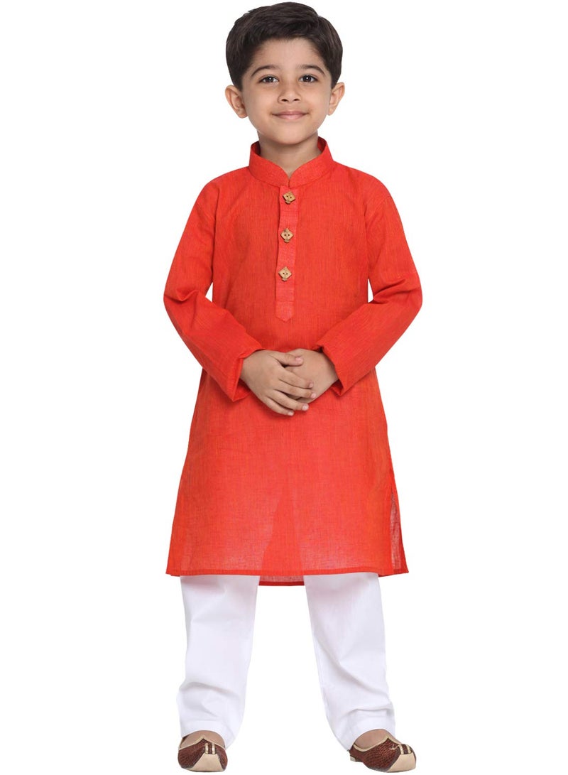 JBN Creation Boys Pure Cotton Red and White Kurta Pyjama Set - Ethnic Elegance for Festivals | Comfortable Traditional Pure south handloom cotton kurta pyjama for Kids_JBNBK070RDnPWH_32 - Image 1