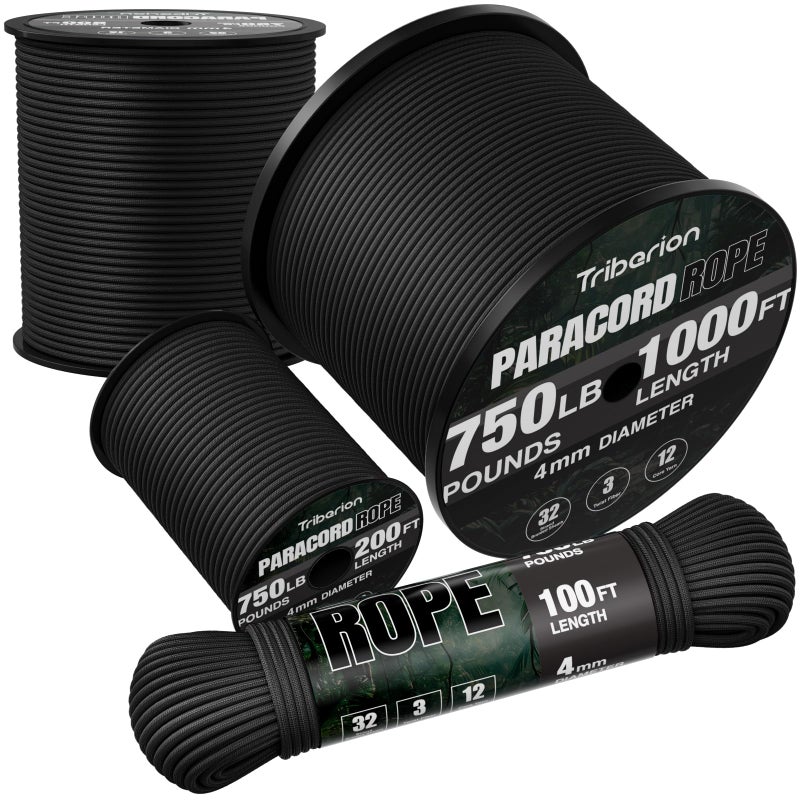TRIBERION Paracord Rope 750 lb - 200ft 5/32" Parachute Cord 4MM 12-Strand para Cord - Heavy Duty Spool String for Survival,Camping Gear, Survival Bracelet, Clothesline - Black - Image 1