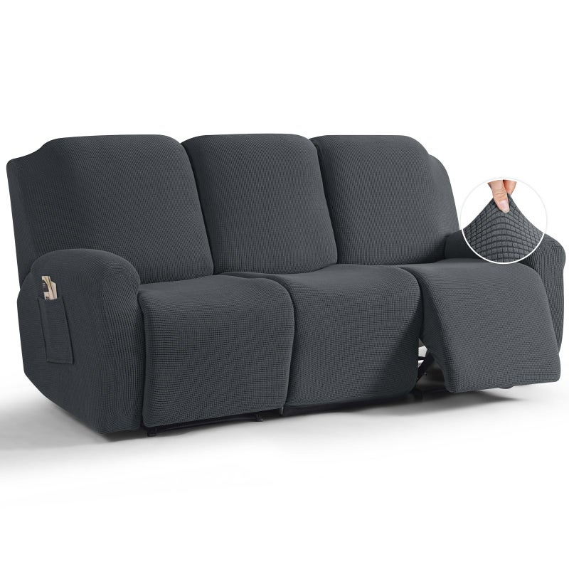 TAOCOCO Recliner Sofa Covers 8Pieces Stretch Large Couch Covers for 3 Seats Reclining Slipcovers Soft Jacquard Pattern Furniture Protector Charcoal Grey
