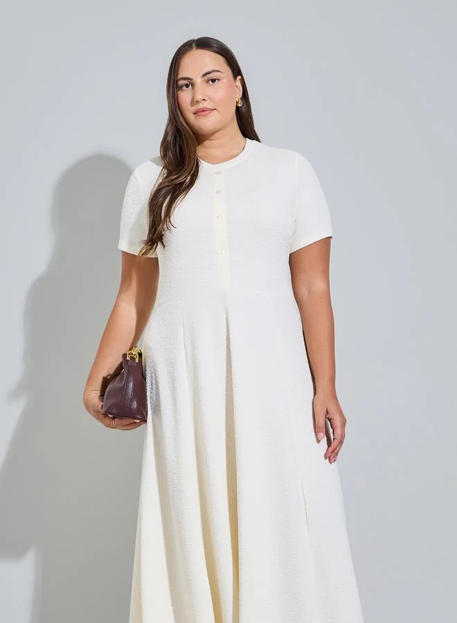 Styli Plus Size Cream Textured A-Line Maxi Dress