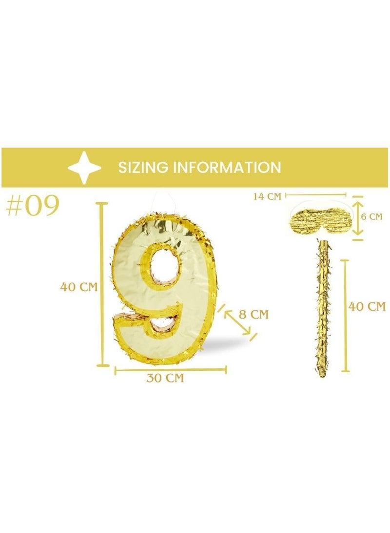 جولد إيدج زينة بينياتا عيد الميلاد بأرقام 42×30×8 سم، بينياتا من رقائق ذهبية مع عصا معصوبة العينين، قصاصات ورقية لحفلات أعياد الميلاد للأولاد والبنات، واحتفالات الذكرى السنوية، ولوازم الحفلات (الرقم 9) - Image 3