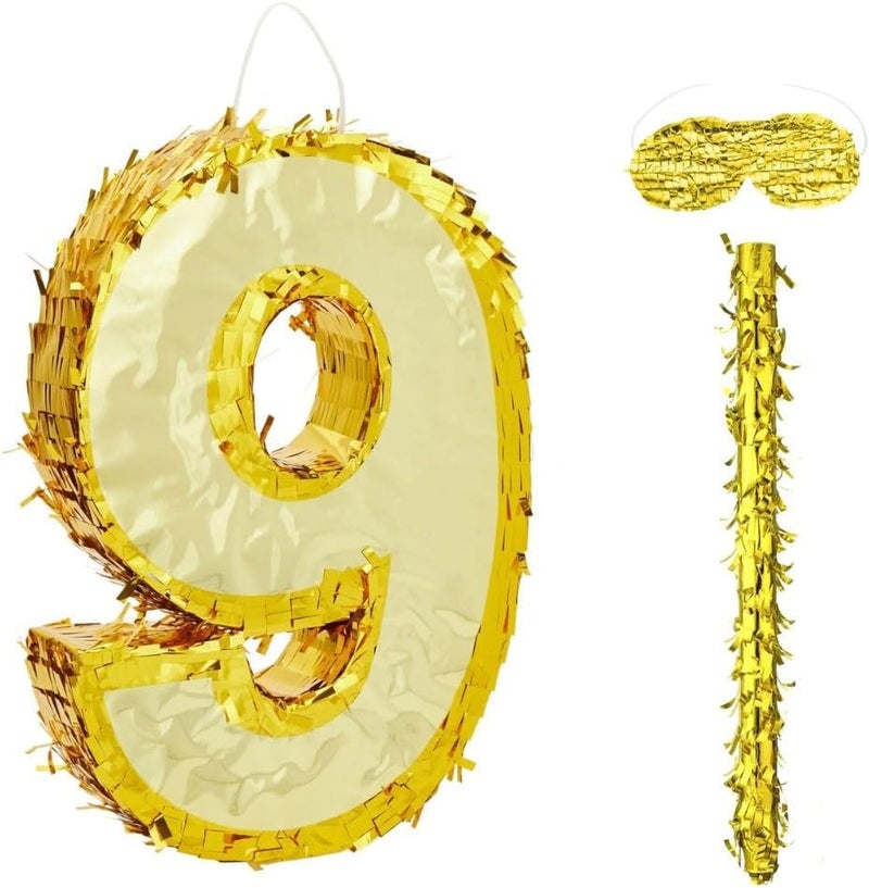 جولد إيدج زينة بينياتا عيد الميلاد بأرقام 42×30×8 سم، بينياتا من رقائق ذهبية مع عصا معصوبة العينين، قصاصات ورقية لحفلات أعياد الميلاد للأولاد والبنات، واحتفالات الذكرى السنوية، ولوازم الحفلات (الرقم 9) - Image 2