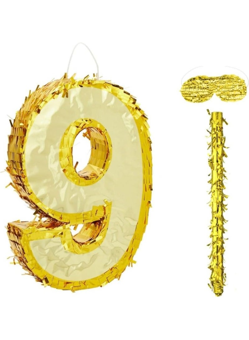 جولد إيدج زينة بينياتا عيد الميلاد بأرقام 42×30×8 سم، بينياتا من رقائق ذهبية مع عصا معصوبة العينين، قصاصات ورقية لحفلات أعياد الميلاد للأولاد والبنات، واحتفالات الذكرى السنوية، ولوازم الحفلات (الرقم 9) - Image 1