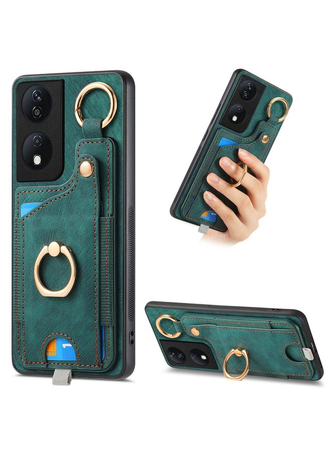 Green Tiger For Honor X7b Retro Skin-feel Ring Card Bag Phone Case with Hang Loop(Green)
