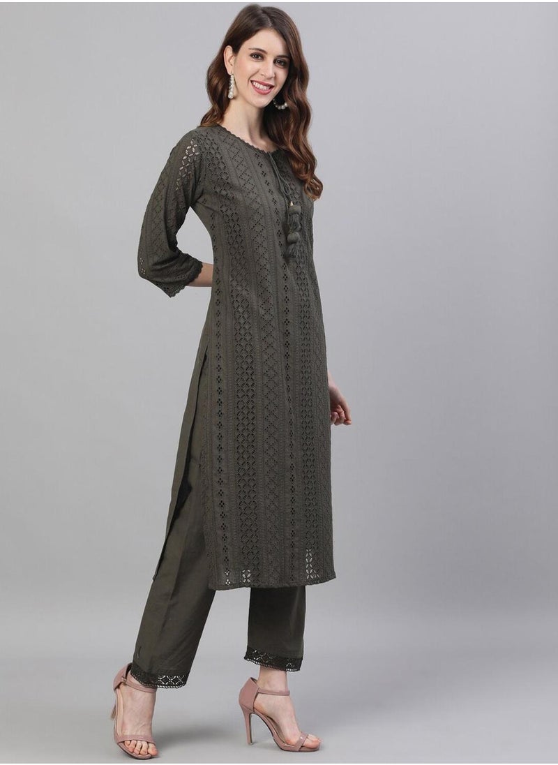 ISHIN Women's Olive Rayon Embellished Tunic Full Length Casual Straight Fit Kurta Set  - Image 5