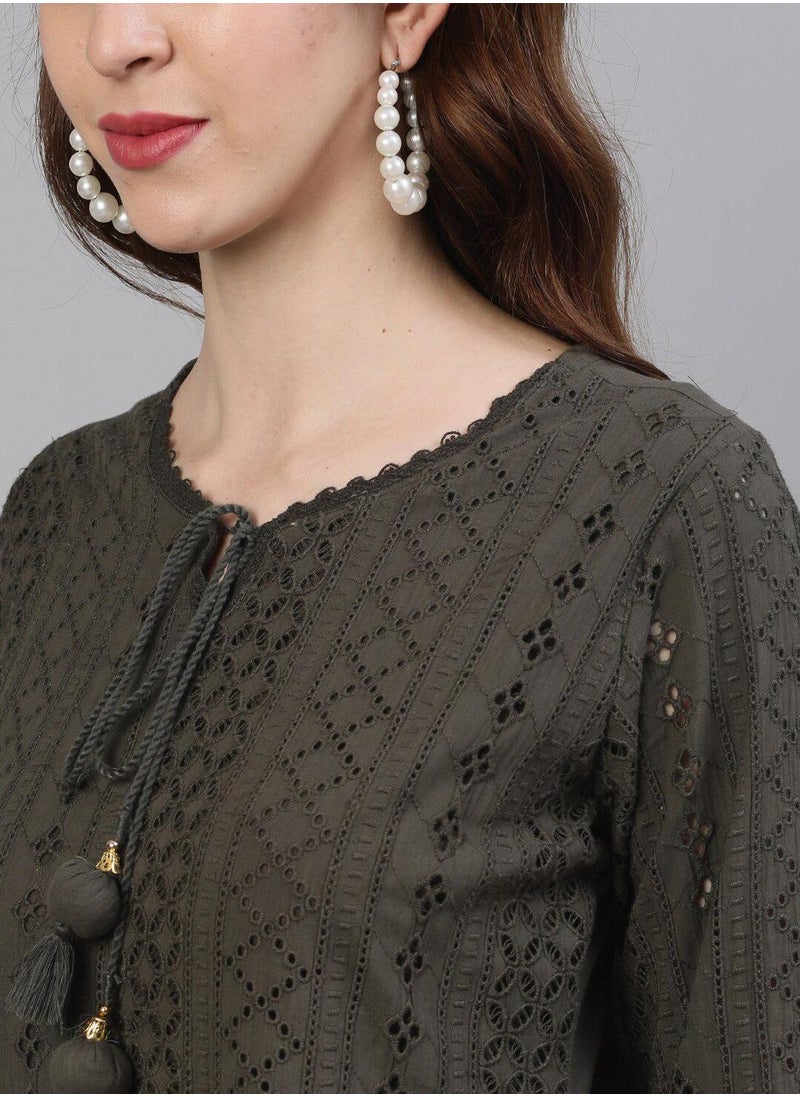 ISHIN Women's Olive Rayon Embellished Tunic Full Length Casual Straight Fit Kurta Set  - Image 2
