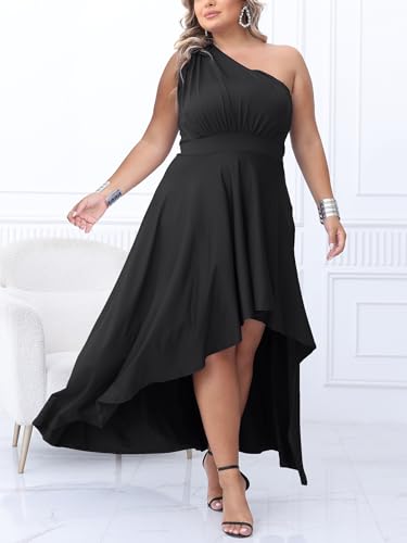 Ekaliy Women's Plus Size One Shoulder Dress Sexy High Low Irregular Hem Flowy Party Cocktail Maxi Dress Black XXL - Image 3