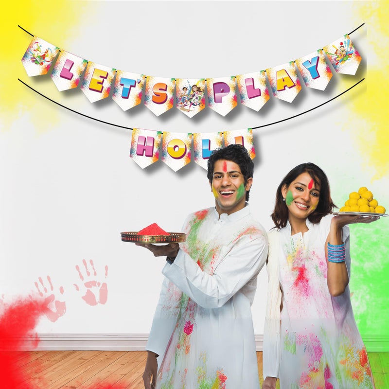 1iAM 1iAM Happy Holi Decoration Items | 1pc 13.6X10.3cm "LET'S PLAY HOLI" 300gsm Printed Paper Banner for Celebration of 14th March in Home, Office, Club, School, Collages, Restaurant, Apartment Decoration  - Image 3