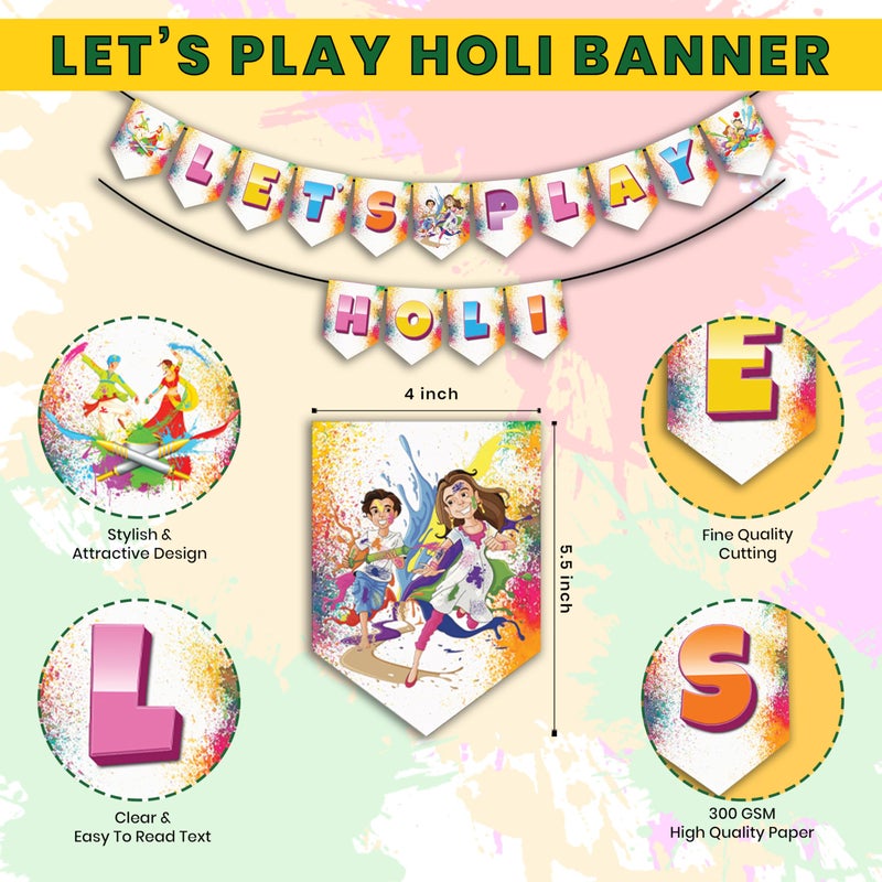 1iAM 1iAM Happy Holi Decoration Items | 1pc 13.6X10.3cm "LET'S PLAY HOLI" 300gsm Printed Paper Banner for Celebration of 14th March in Home, Office, Club, School, Collages, Restaurant, Apartment Decoration  - Image 5