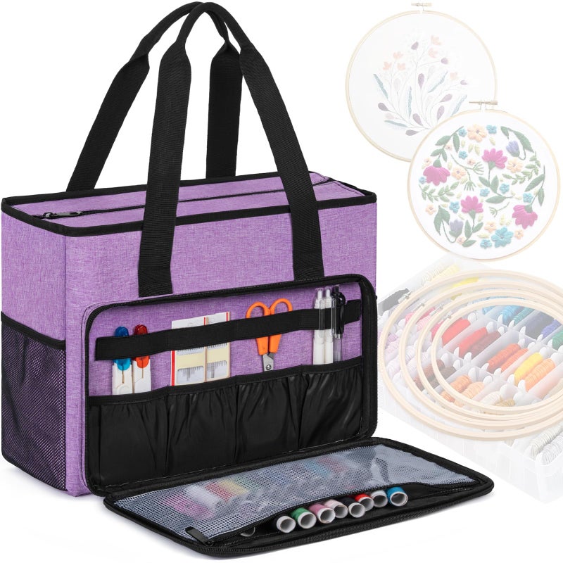 GMAK Embroidery Storage Bag Embroidery Project Carrying Bags for Embroidery KitCross Stitch SuppliesStitch Tools Kit Embroidery Supplies Storage Tote Case with Multiple Pockets Bag Only Purple - Image 2
