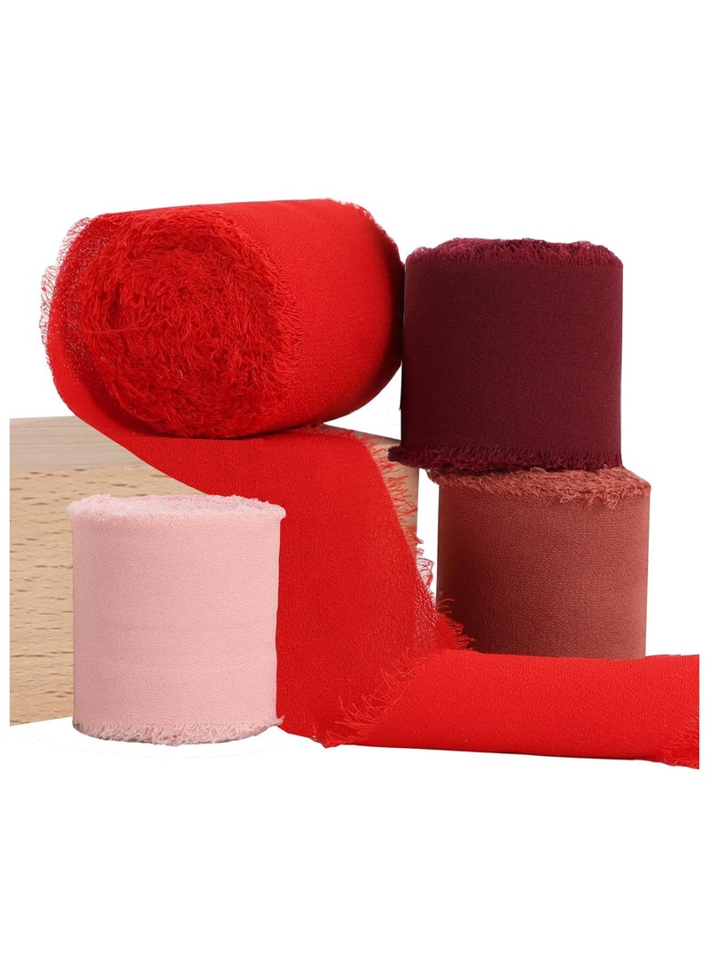 DELGREEN 4 Rolls Silk Chiffon Ribbon, 1-1/2 Inch x 22yds, Red Chiffon Ribbons Set, Handmade Fringe Silk Ribbon for Gift Wrapping Bridal Bouquets Wedding Invitations Decoration Crafts - Image 1