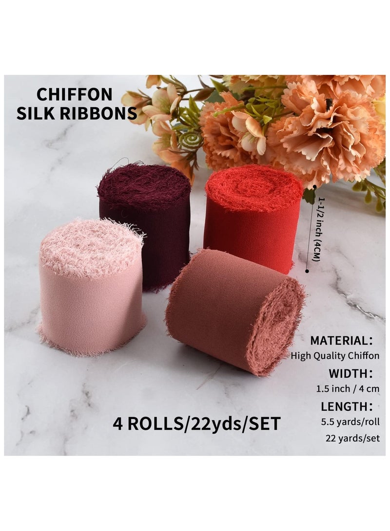 DELGREEN 4 Rolls Silk Chiffon Ribbon, 1-1/2 Inch x 22yds, Red Chiffon Ribbons Set, Handmade Fringe Silk Ribbon for Gift Wrapping Bridal Bouquets Wedding Invitations Decoration Crafts - Image 2