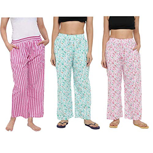 CIERGE Women's Cotton Printed Casual Style Pyjama/Pajama (Pink Linen, Pink, Green; Pack Of 3) - Image 1
