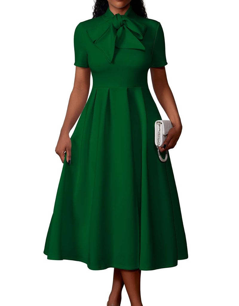 Memoriesea Women's Elegant Casual Short Sleeve Work Party A-Line Dress with Pockets Green - Image 1