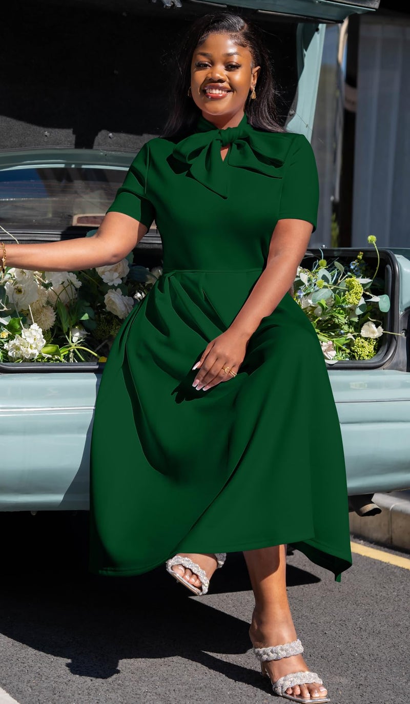 Memoriesea Women's Elegant Casual Short Sleeve Work Party A-Line Dress with Pockets Green - Image 5