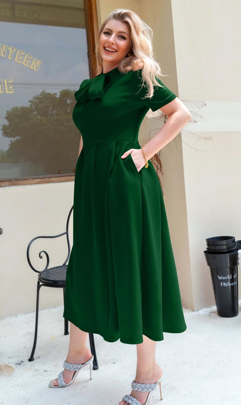 Memoriesea Women's Elegant Casual Short Sleeve Work Party A-Line Dress with Pockets Green - Image 4