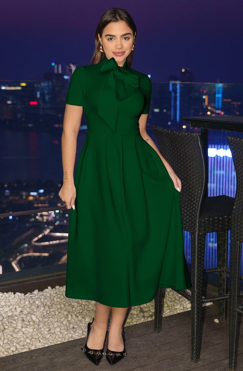 Memoriesea Women's Elegant Casual Short Sleeve Work Party A-Line Dress with Pockets Green - Image 2