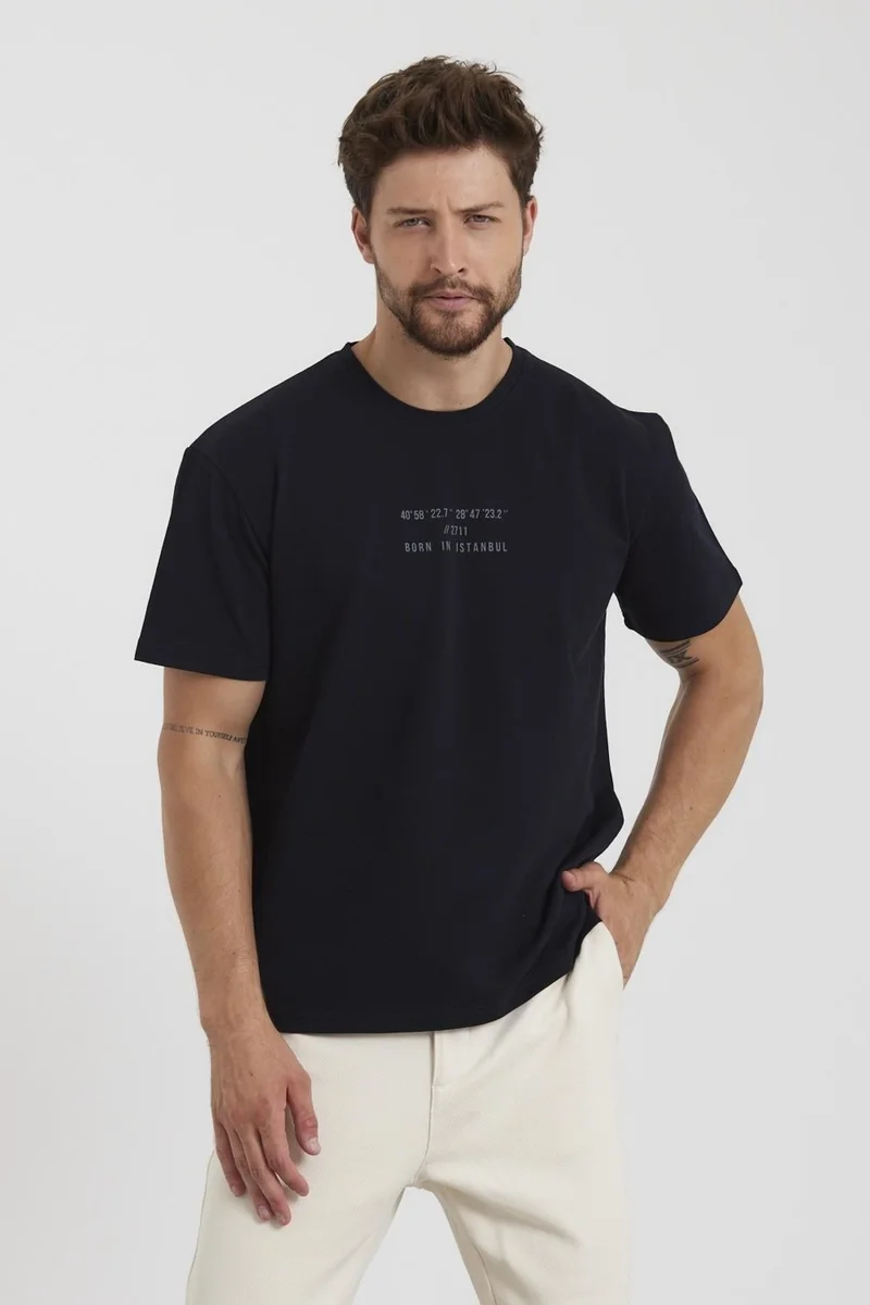 Odelon Men's Crew Neck Printed Comfortable T-Shirt Navy Blue