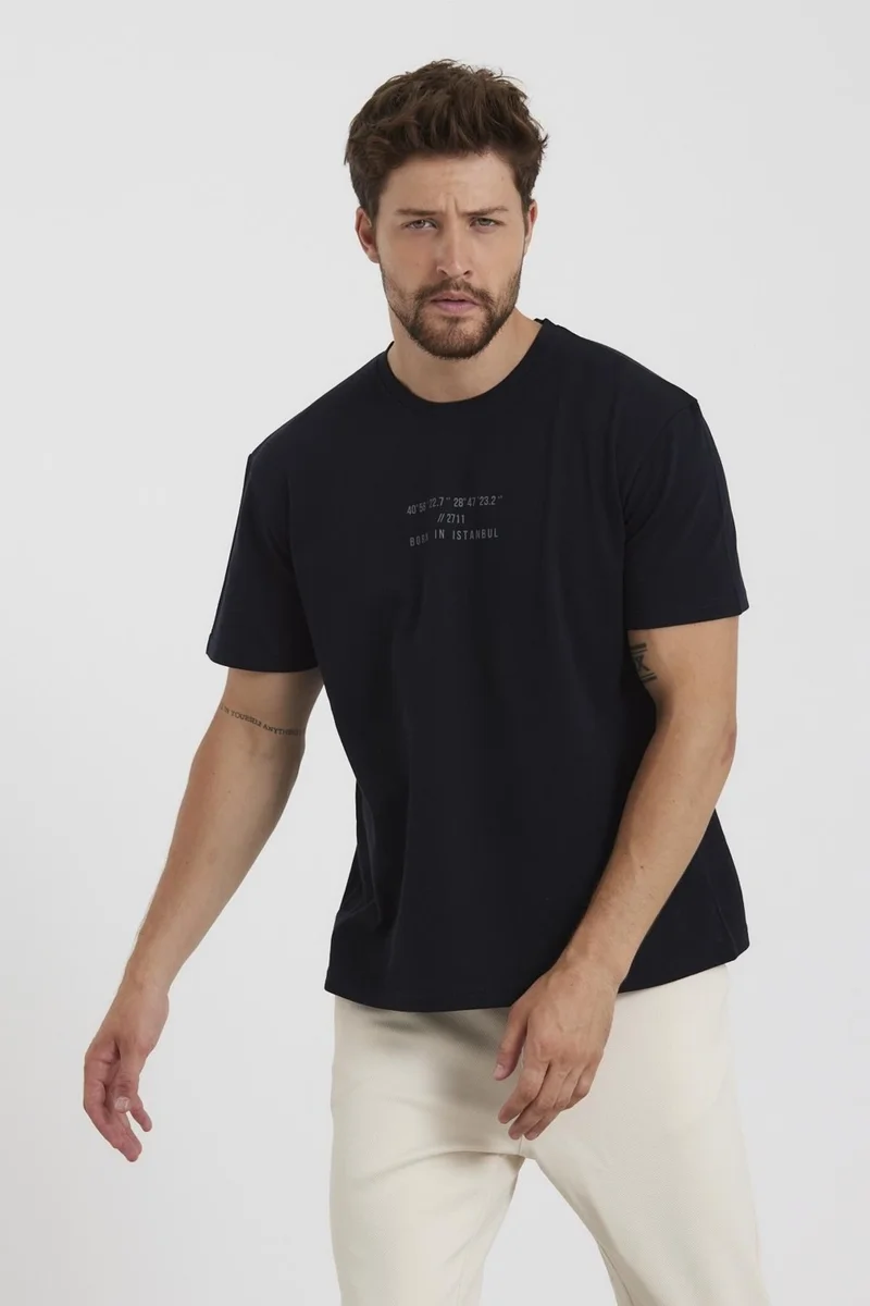 Odelon Men's Crew Neck Printed Comfortable T-Shirt Navy Blue