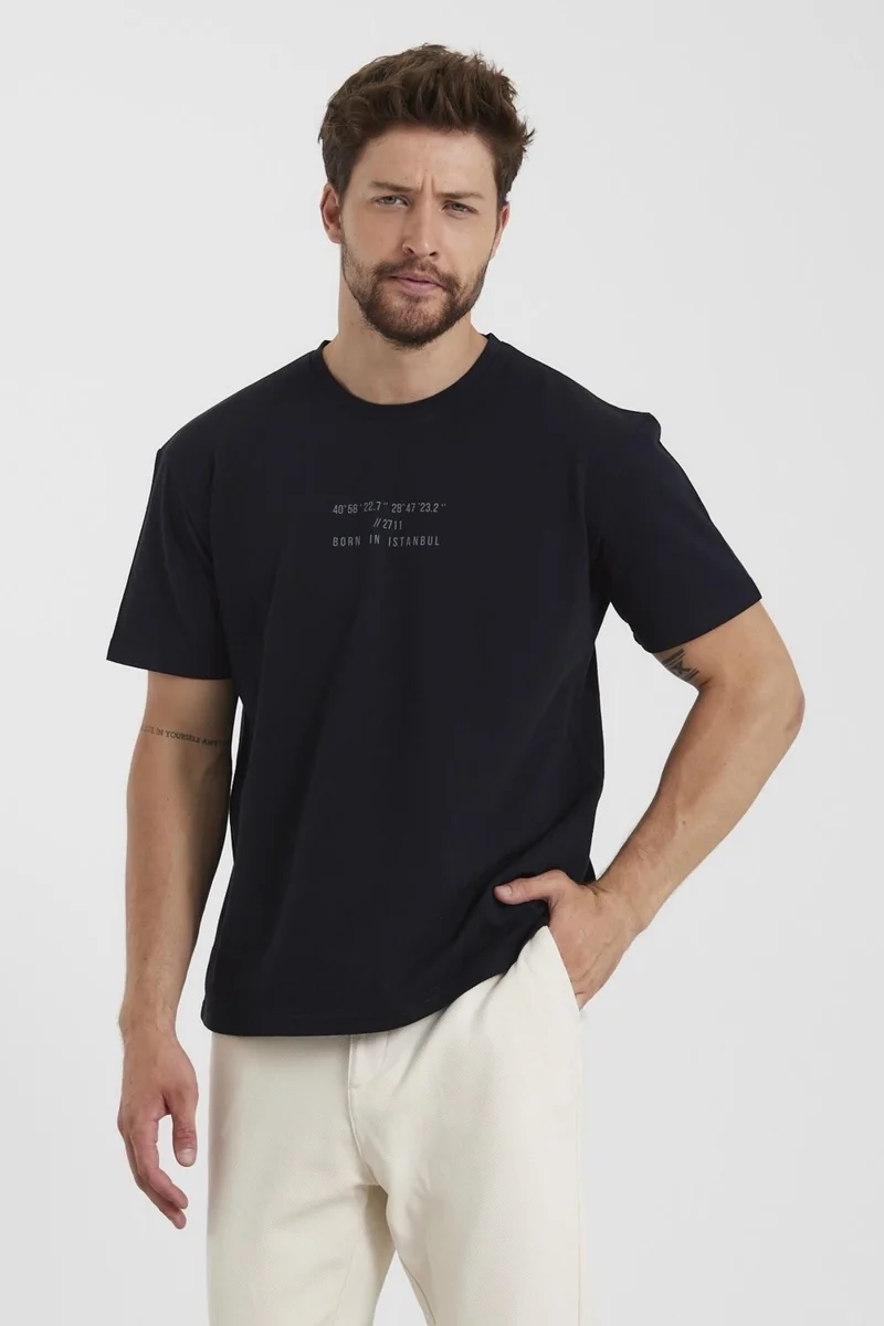 Odelon Men's Crew Neck Printed Comfortable T-Shirt Navy Blue