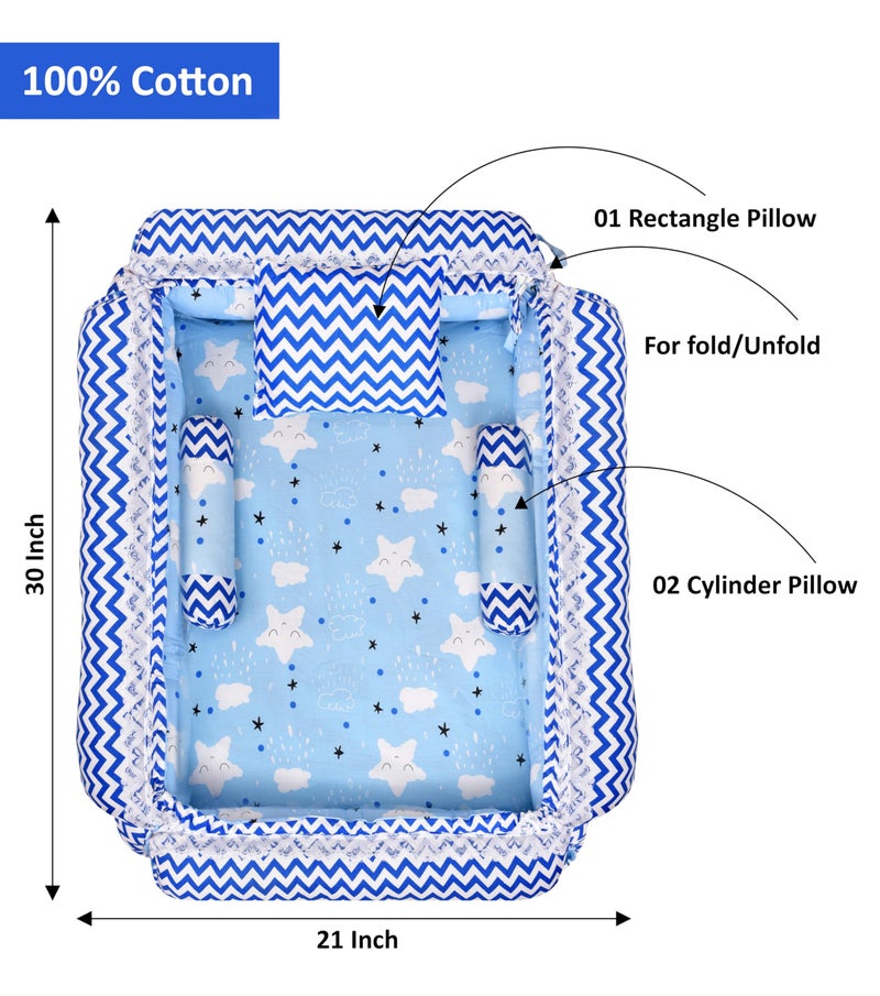 Remixon REMIXON Blue 3 Pillows & Square Shape Cotton Baby Bed for 0-1 Year BB05  - Image 5