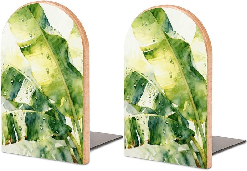 Banana Leaves Bookends 1 Pair Solid Natural Wooden Book Ends, Duty Cute Book Stoppers, Decorative Book Holders for Home Office Desk Shelf, Perfect for Students, Book Lovers - Image 1