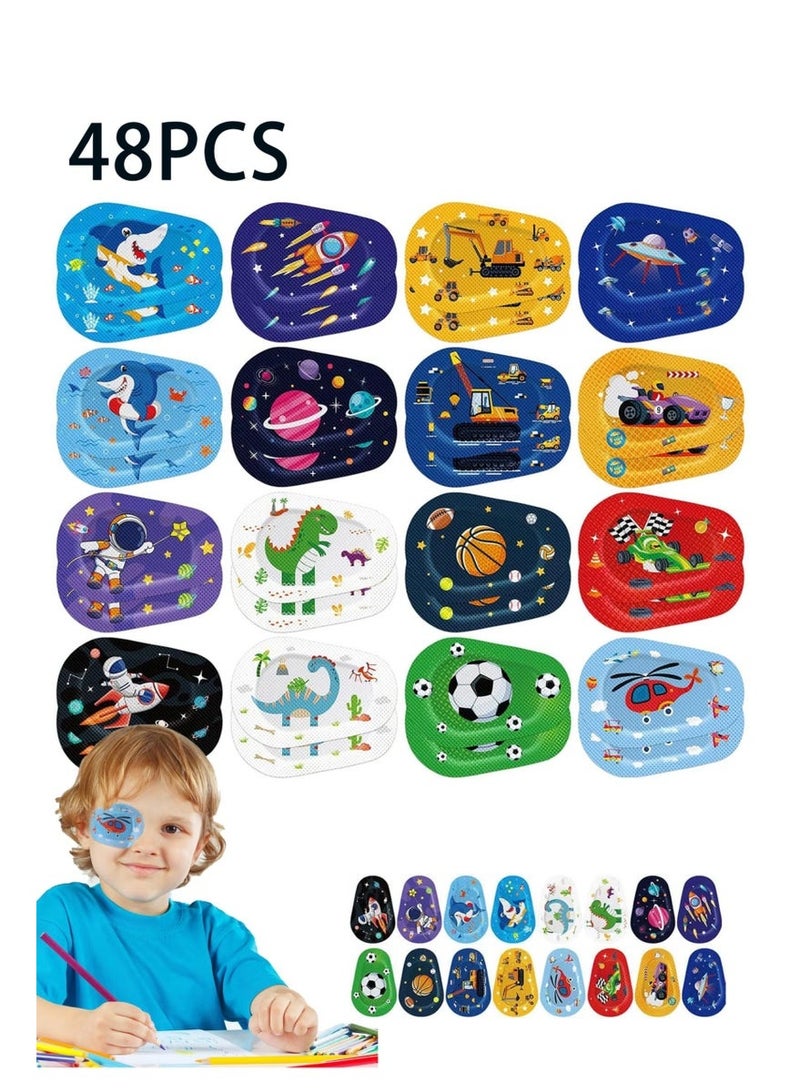 DURKU Adhesive Eye Patches for Kids, 48 Pcs Adhesive Eye Patches for Kids Boys 16 Styles Eye Patches Latex Free Eye Pad Bulk Light Blocking Fun Cute Boys Designs Cotton Adhesive Bandages for Boys Toddler - Image 1