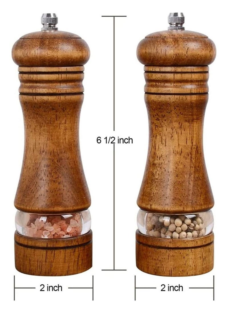 Pepper Grinder, Wooden Salt and Pepper Grinder Set, Classic Manual Salt Grinder Refillable Pepper Grinder Set with Acrylic Visible Window Adjustable Ceramic Grinding Rotor 6.5 Inch 2 Pack - Image 2