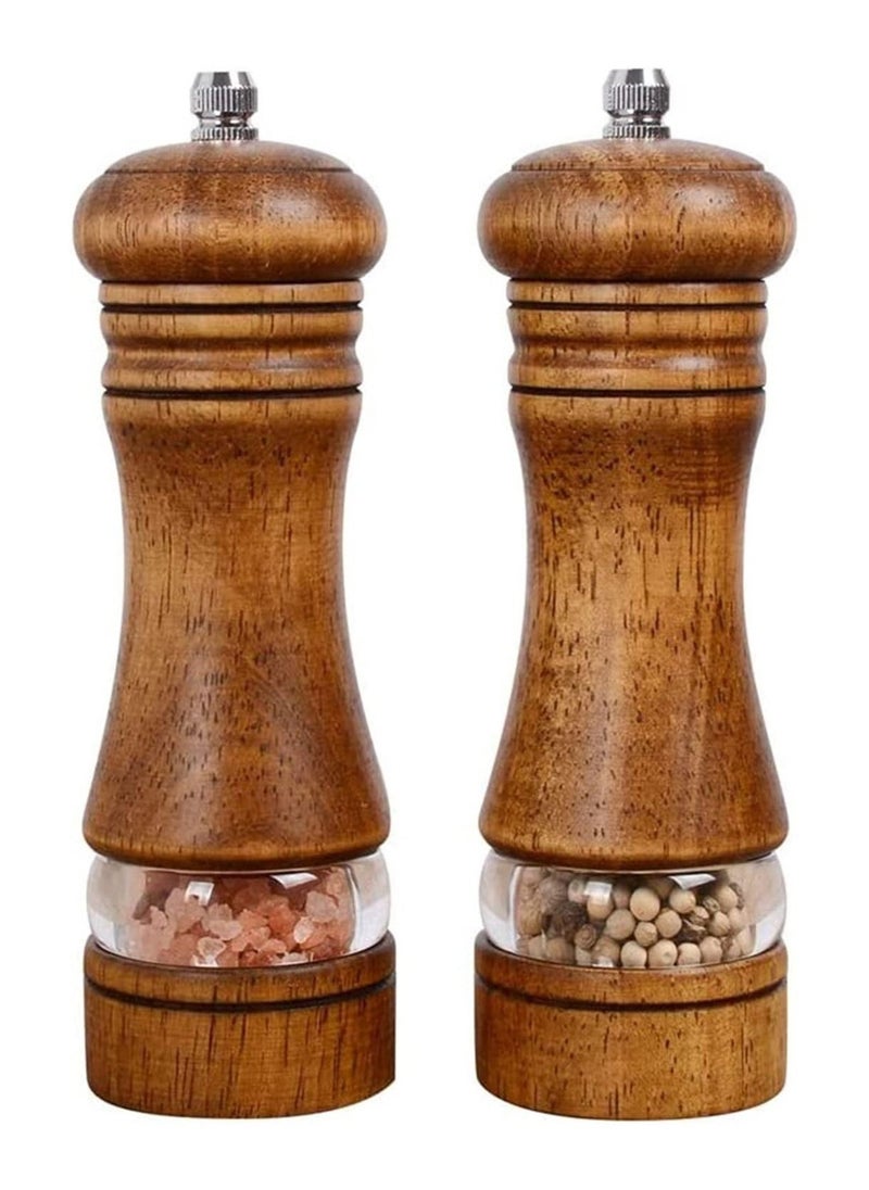 Pepper Grinder, Wooden Salt and Pepper Grinder Set, Classic Manual Salt Grinder Refillable Pepper Grinder Set with Acrylic Visible Window Adjustable Ceramic Grinding Rotor 6.5 Inch 2 Pack - Image 1