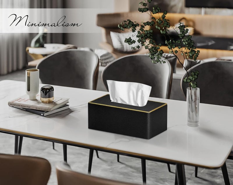 GOLRANLYE غطاء صندوق المناديل مستطيل 9.8 بوصة (طول) × 5.3 بوصة (عرض) × 4.3 بوصة (ارتفاع) موزع مناديل وجه من الجلد الصناعي المحدث المكرر لحامل صندوق لتزيين خزانة الحمام (لؤلؤة سوداء) - Image 2