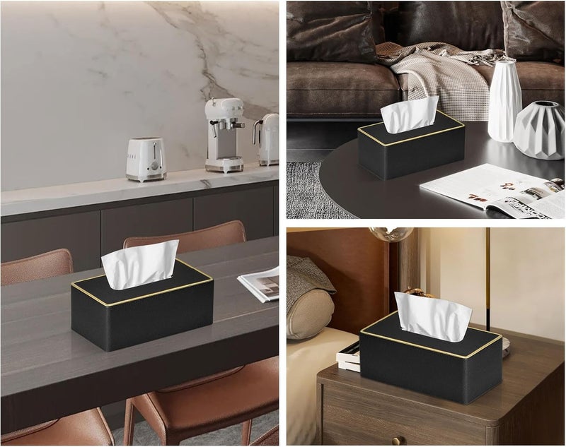 GOLRANLYE غطاء صندوق المناديل مستطيل 9.8 بوصة (طول) × 5.3 بوصة (عرض) × 4.3 بوصة (ارتفاع) موزع مناديل وجه من الجلد الصناعي المحدث المكرر لحامل صندوق لتزيين خزانة الحمام (لؤلؤة سوداء) - Image 4
