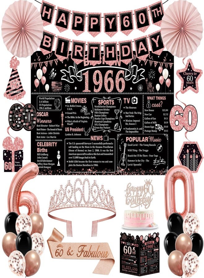 YeohJoy 60th Birthday Decorations for Women,32PCS Back in 1966 Birthday Party Decorations,Including Backdrop, Crown, Sash, banner, Hanging Swirl,Cake Topper,balloons,Paper Fans and Anniversary Card - Image 1