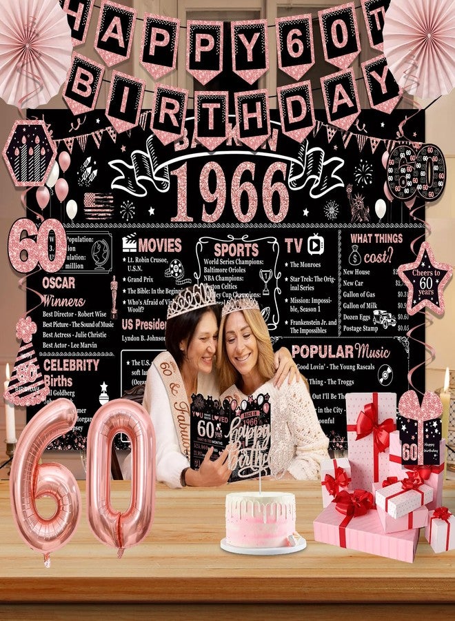 YeohJoy 60th Birthday Decorations for Women,32PCS Back in 1966 Birthday Party Decorations,Including Backdrop, Crown, Sash, banner, Hanging Swirl,Cake Topper,balloons,Paper Fans and Anniversary Card - Image 4