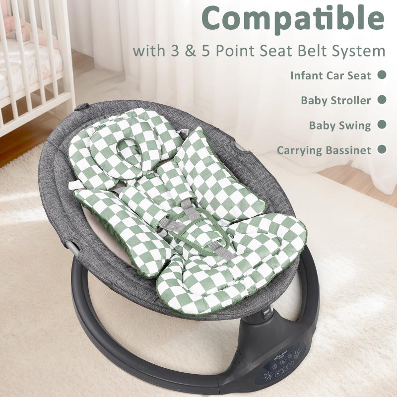 DILIMI Infant Car Seat Insert, Baby Car Seat Head Support with Removable Headrest, Adjustable Newborn Car Seat Cushion with3 Strap Paddings for Stroller, Swing, Bouncers, Green Lattice - Image 5