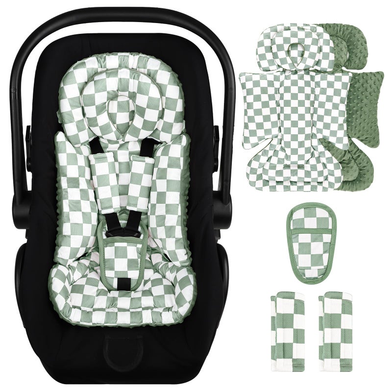 DILIMI Infant Car Seat Insert, Baby Car Seat Head Support with Removable Headrest, Adjustable Newborn Car Seat Cushion with3 Strap Paddings for Stroller, Swing, Bouncers, Green Lattice - Image 1