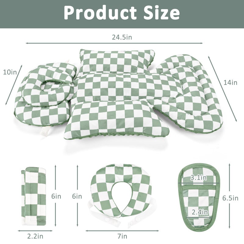 DILIMI Infant Car Seat Insert, Baby Car Seat Head Support with Removable Headrest, Adjustable Newborn Car Seat Cushion with3 Strap Paddings for Stroller, Swing, Bouncers, Green Lattice - Image 4