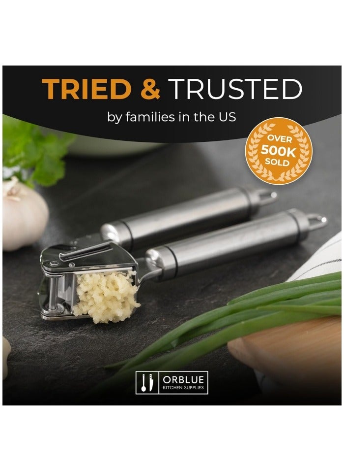 Garlic Press Stainless Steel - Premium Professional Grade Garlic Mincer, Crusher & Peeler Set - Easy Clean, Dishwasher Safe & Rust-proof  - Image 4