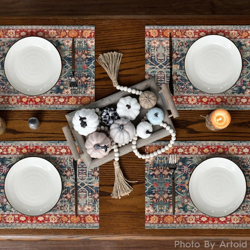 Artoid Mode Boho Bohemia Style Red Placemats Set of 4 12x18 Inch Country Rustic Farmhouse Magical Fall Table Mats for Party Kitchen Dining Decoration - Image 3