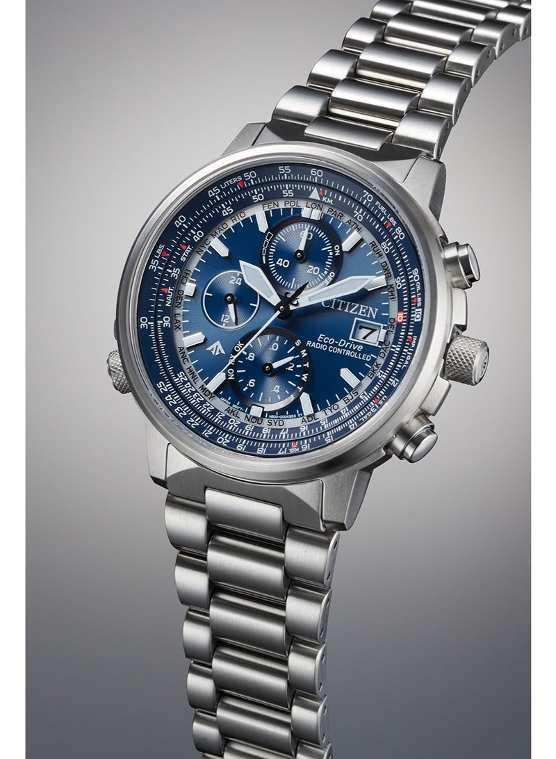 CITIZEN بروماستر سكاي إيكو درايف AT8300-58L، 41 مم قرص أزرق، سوار من الفولاذ المقاوم للصدأ الفضي، كرونوغراف متحكم فيه بالراديو، 200 م مقاومة للماء - Image 1