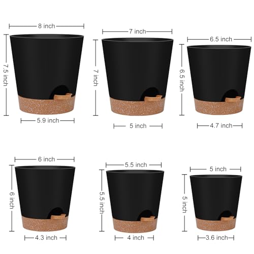 YNNICO Indoor Self Watering Planters with Drainage Holes and Saucers, 8, 7, 6.5, 6, 5.5, 5 Inches, Black, 6 Pots - Image 2