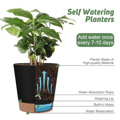 YNNICO Indoor Self Watering Planters with Drainage Holes and Saucers, 8, 7, 6.5, 6, 5.5, 5 Inches, Black, 6 Pots - Image 5