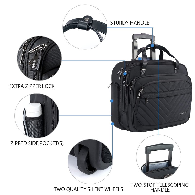 VANKEAN Rolling Laptop Bag Women with Wheels, 15.6 Inch Rolling Briefcase for Women, Water Repellent Overnight Rolling Computer Bag with RFID Pockets for Travel Business Work, Black - Image 2